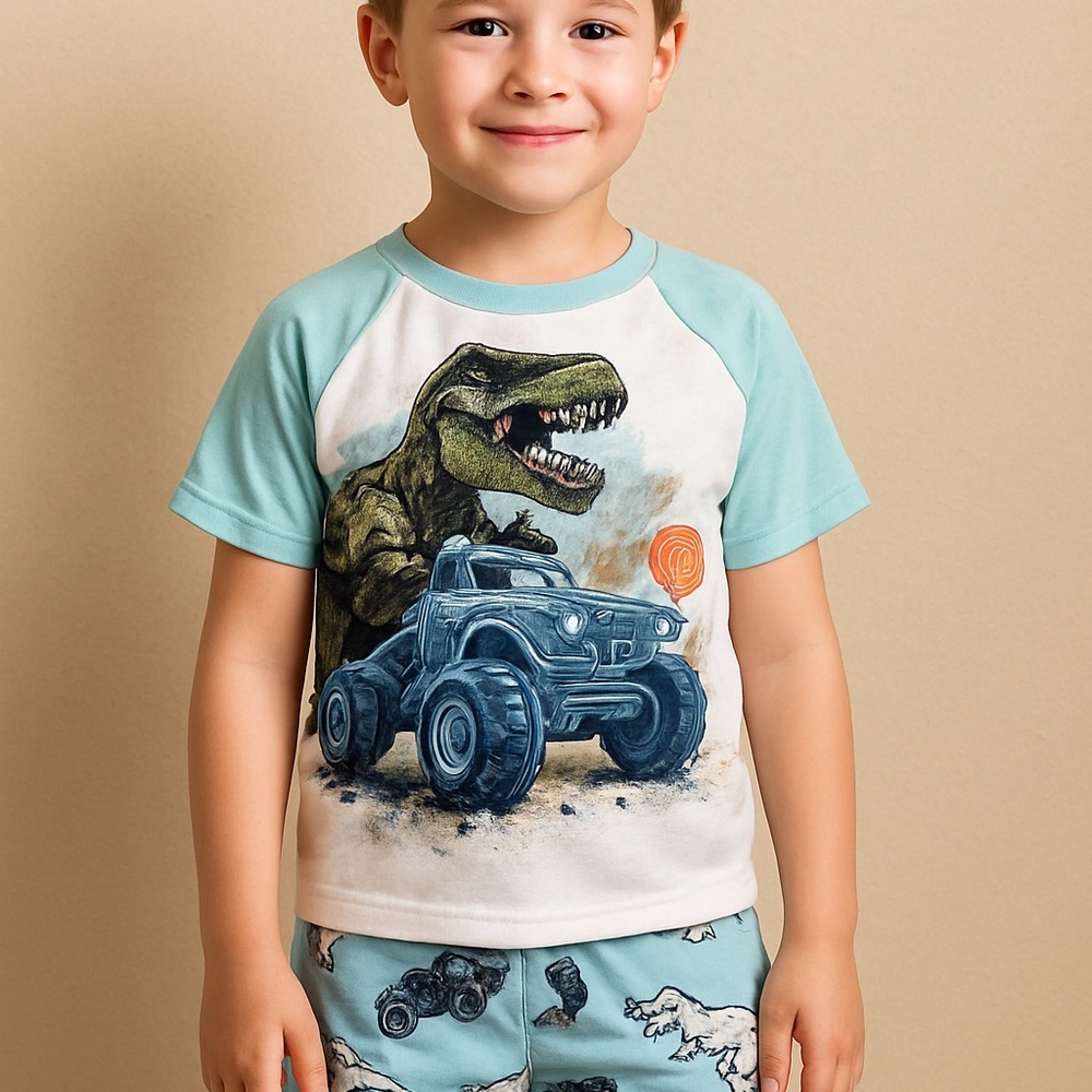 🦖 Wonder Nation Dino Monster Truck Pajama Set - Boys Size 6 Comfy Sleepwear NWT - Picture 2 of 7